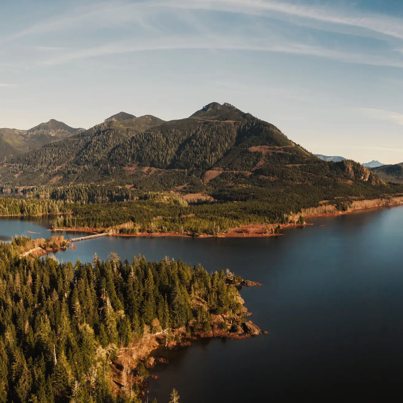 Beautiful Aerial Panoramic View of Kennedy Lake during a vibrant sunny day. Located on the West Coast of Vancouver Island near Tofino and Ucluelet, British Columbia, Canada.