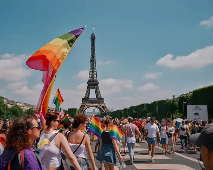 Paris Pride – Regenbogenflaggen vor dem Eiffelturm