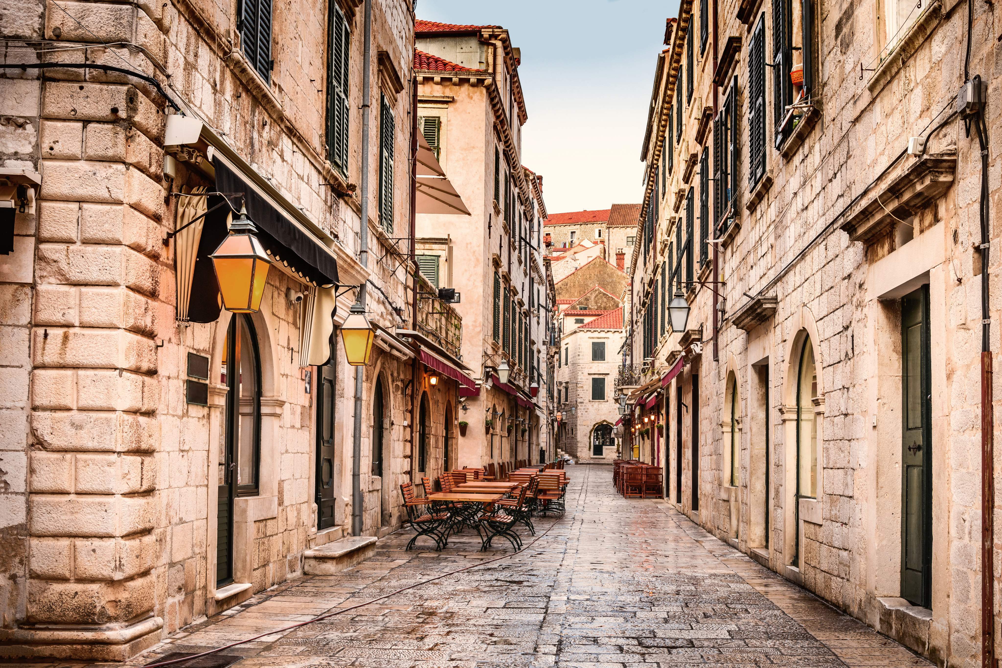 Dubrovnik, Croatia. Dubrovnik old city street view (medieval Ragusa) in Stradum area.