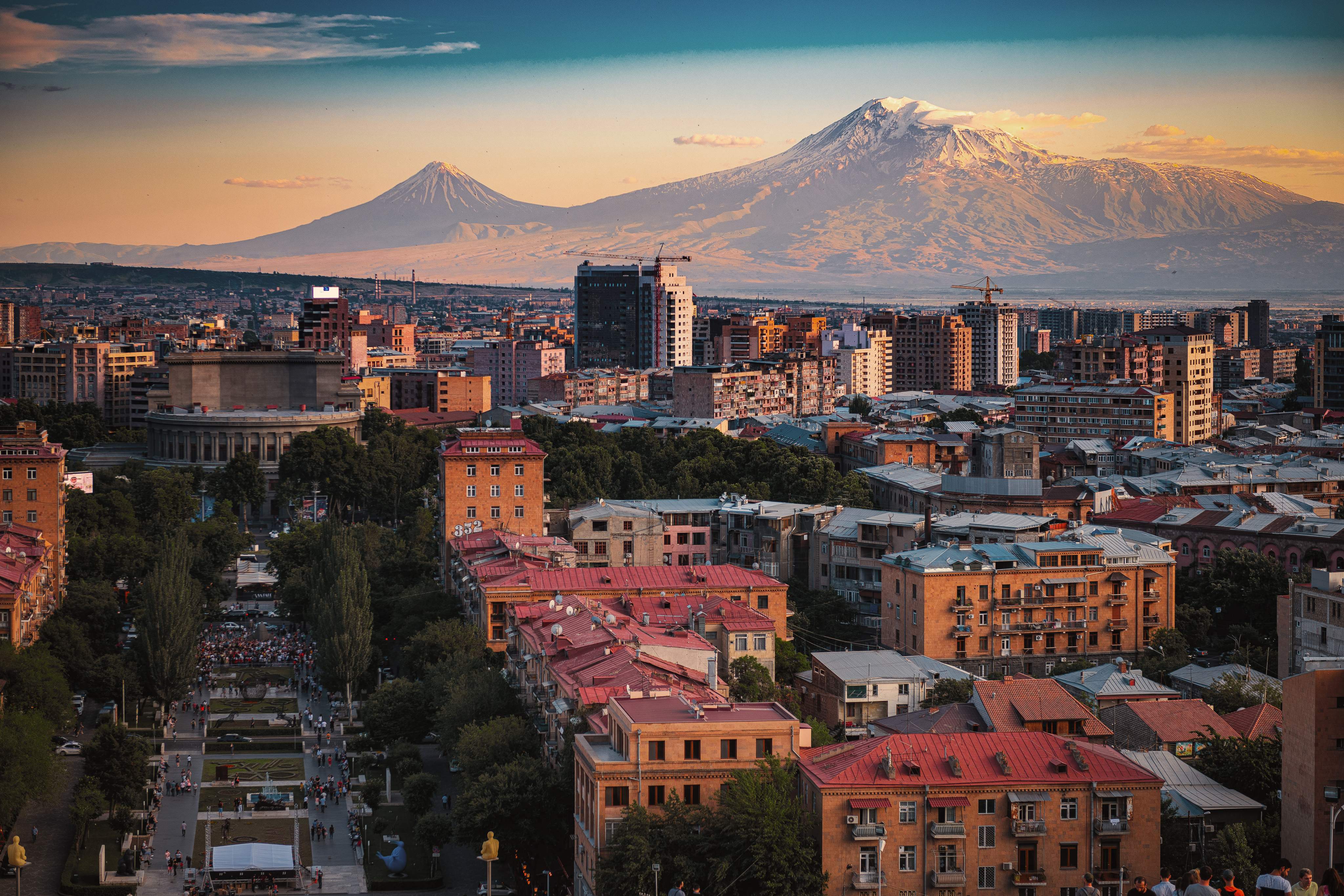 Mount Ararat view from  the Cascade Complex at sunset towering above Yerevan, Armenia - May 31, 2019