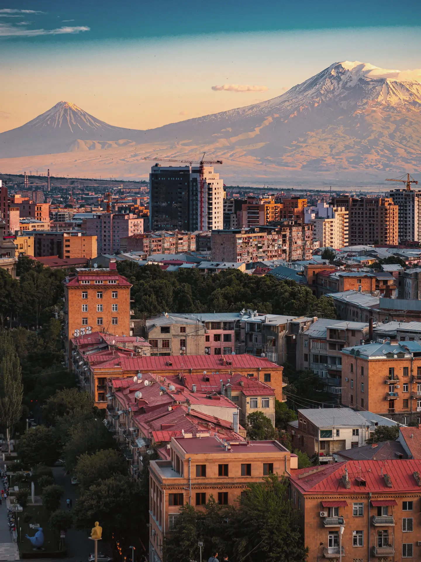 Mount Ararat view from the Cascade Complex at sunset towering above Yerevan, Armenia - May 31, 2019