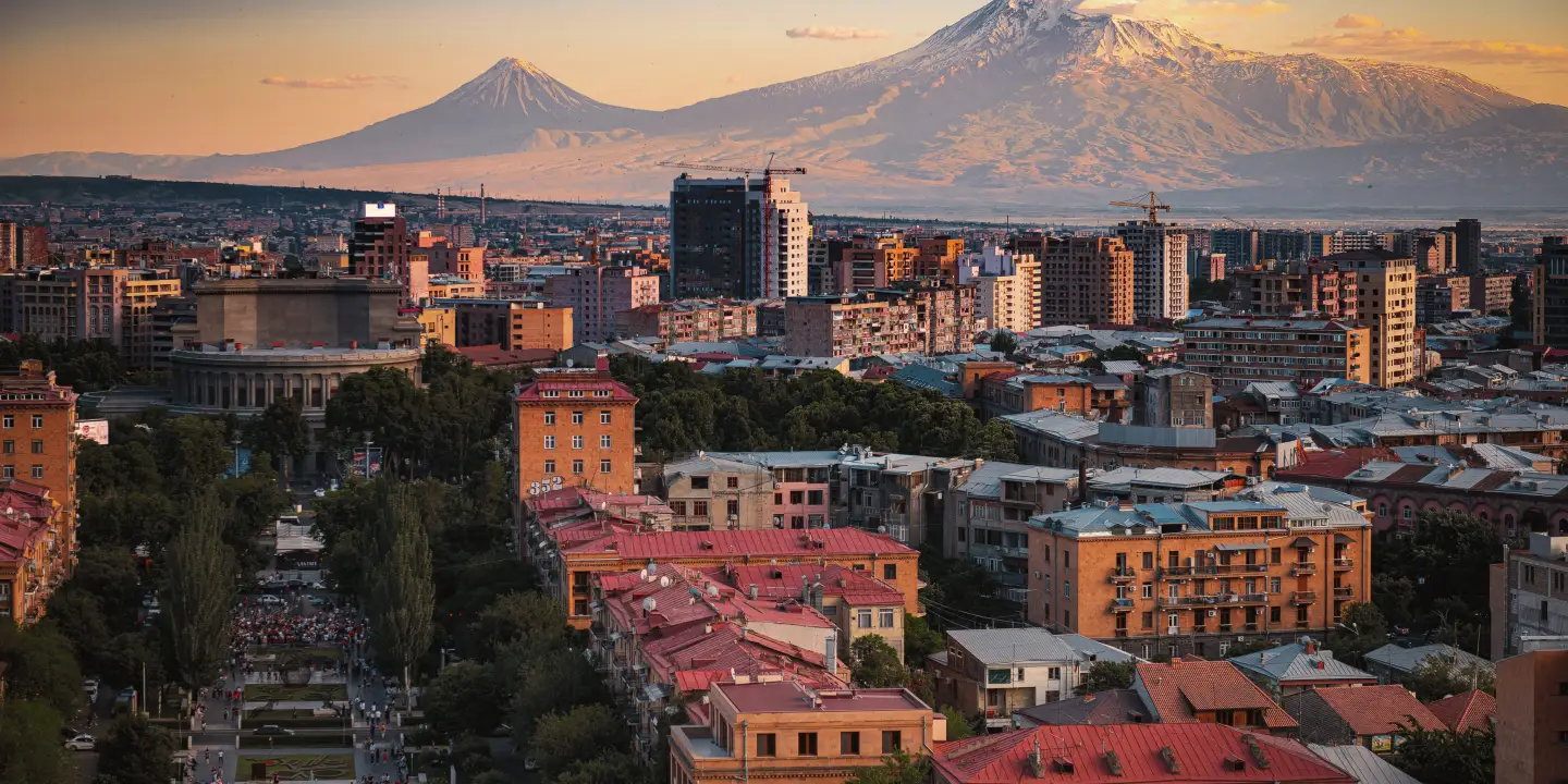 Mount Ararat view from the Cascade Complex at sunset towering above Yerevan, Armenia - May 31, 2019