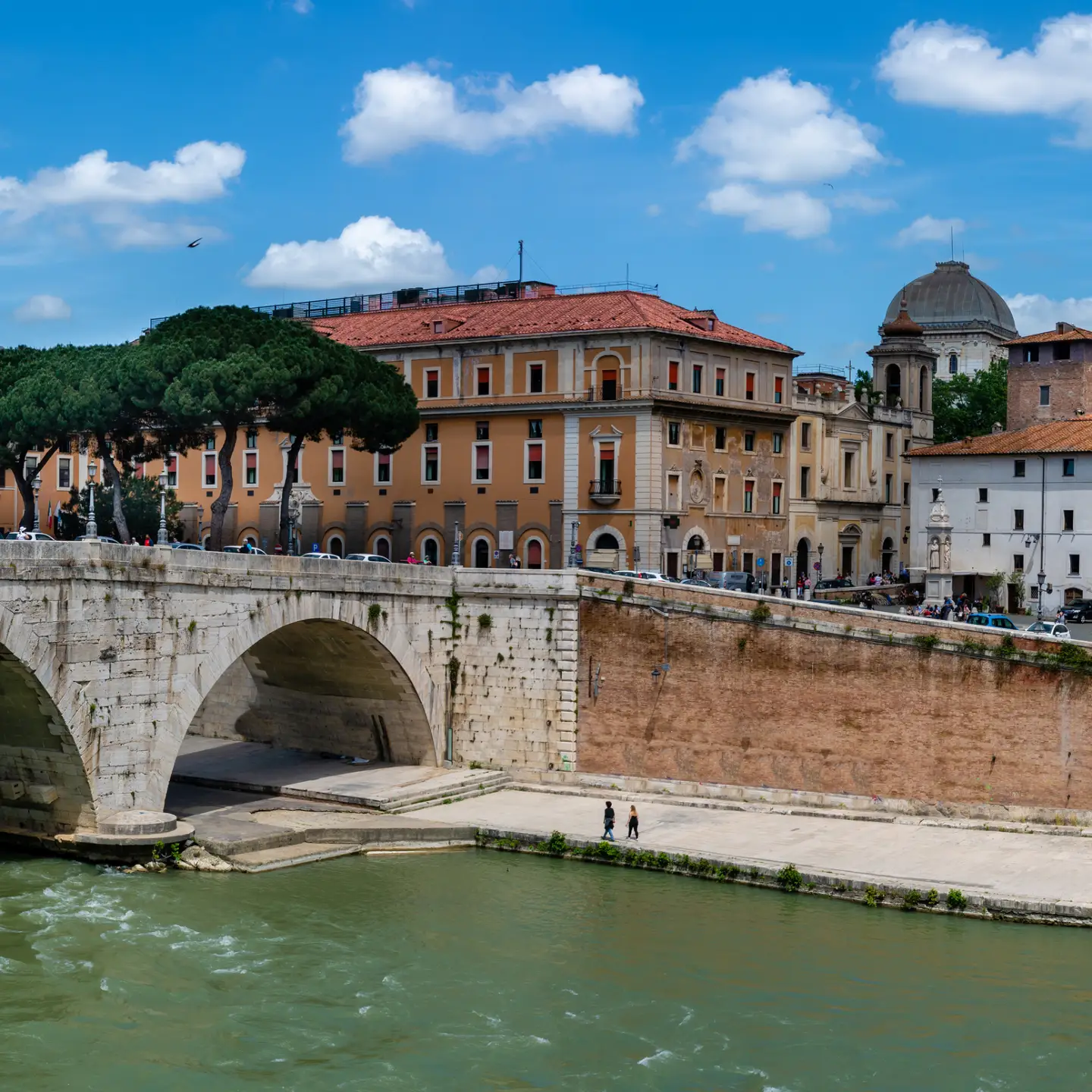 Panoramic view of the bridge over the Tiber with a view of the Trastevere district in Rome, Italy.