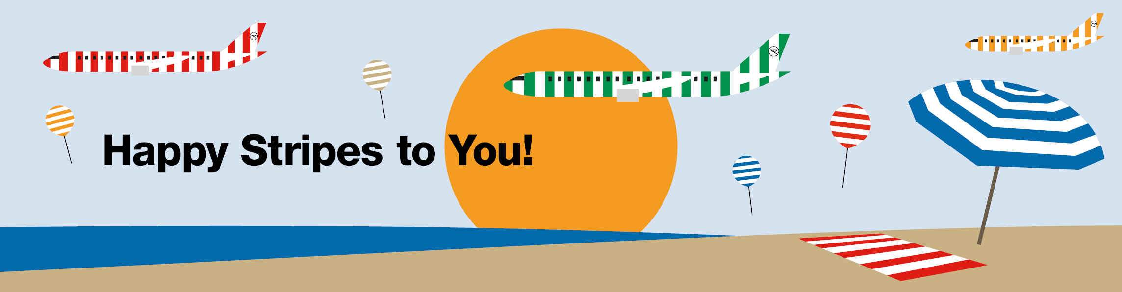 Grafische Condor Kampagne mit gestreiften Flugzeugen, Sonnenschirm und Strandmotiv sowie dem Schriftzug „Happy Stripes to You!“.