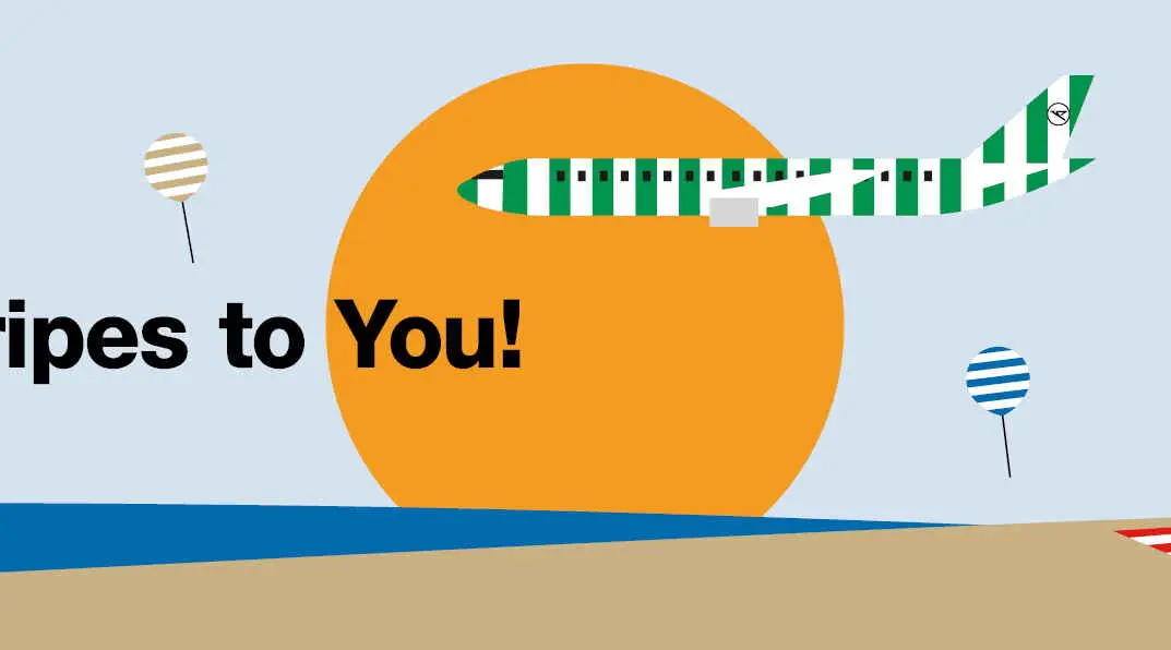 Grafische Condor Kampagne mit gestreiften Flugzeugen, Sonnenschirm und Strandmotiv sowie dem Schriftzug „Happy Stripes to You!“.