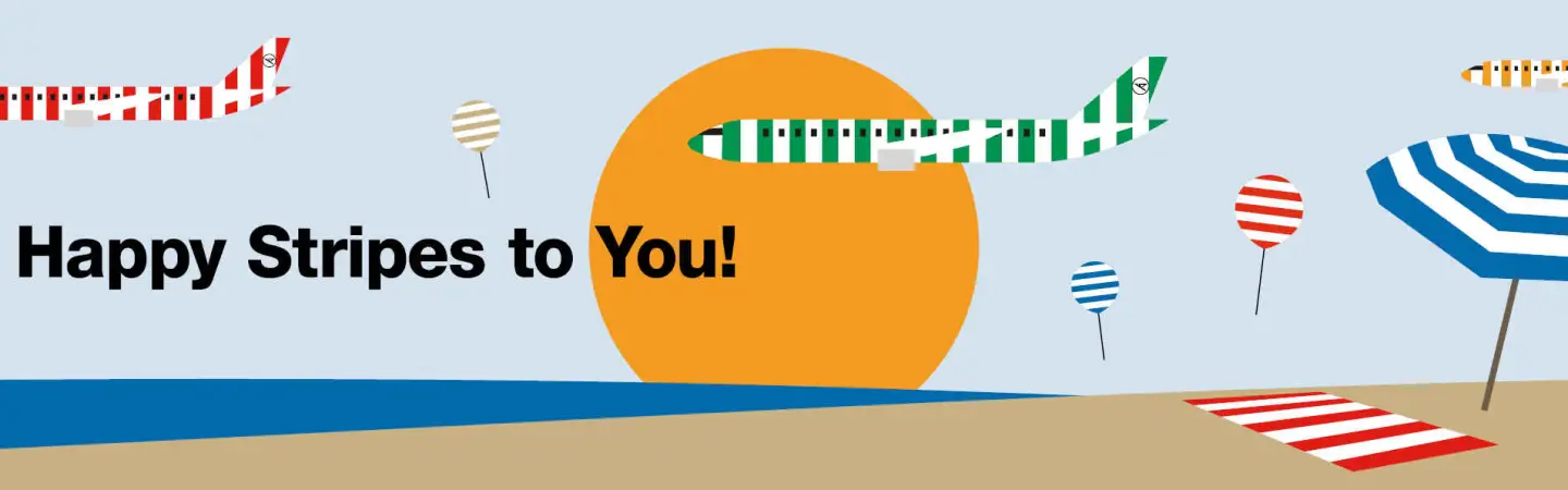 Grafische Condor Kampagne mit gestreiften Flugzeugen, Sonnenschirm und Strandmotiv sowie dem Schriftzug „Happy Stripes to You!“.