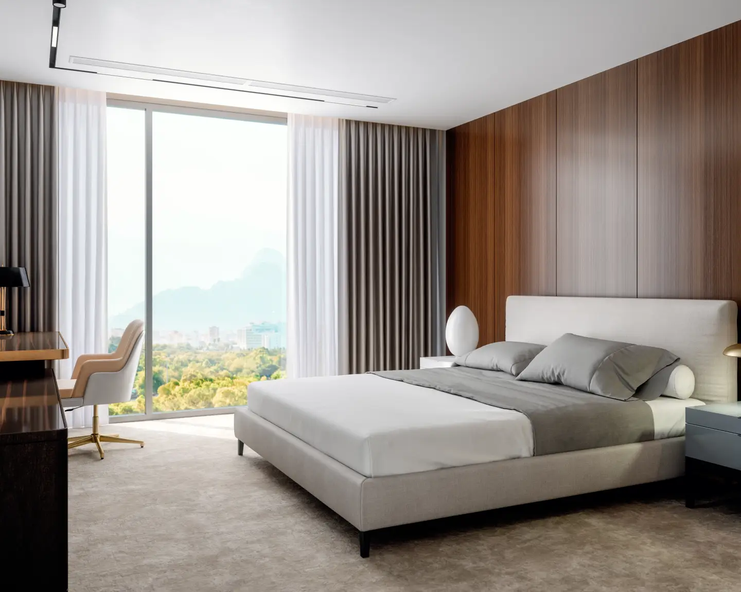 Modernes, hochwertig eingerichtetes Hotelzimmer mit großem Doppelbett, Schreibtisch und bodentiefem Fenster.