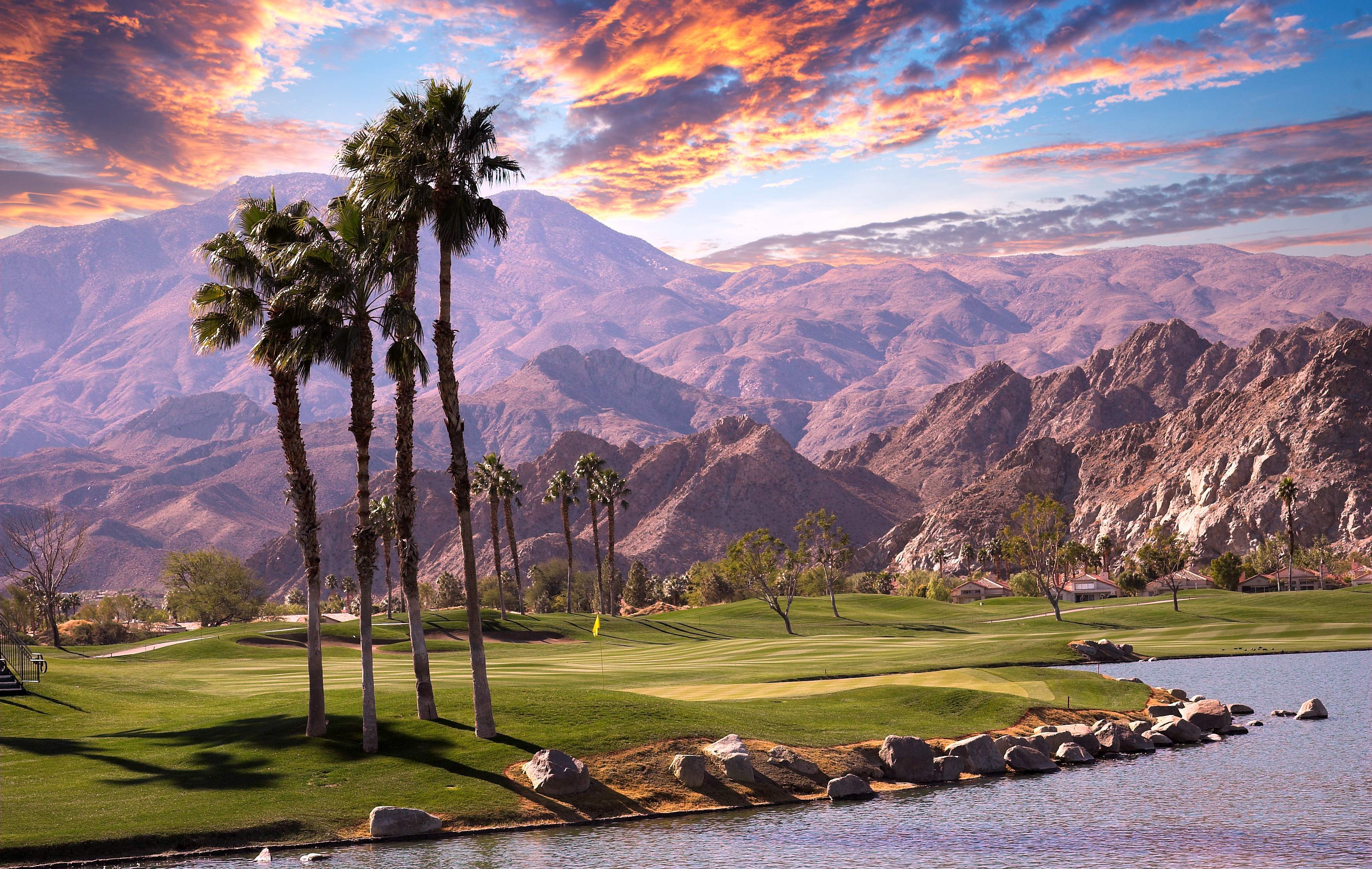 golf course at sunset  in palm springs, california, usa