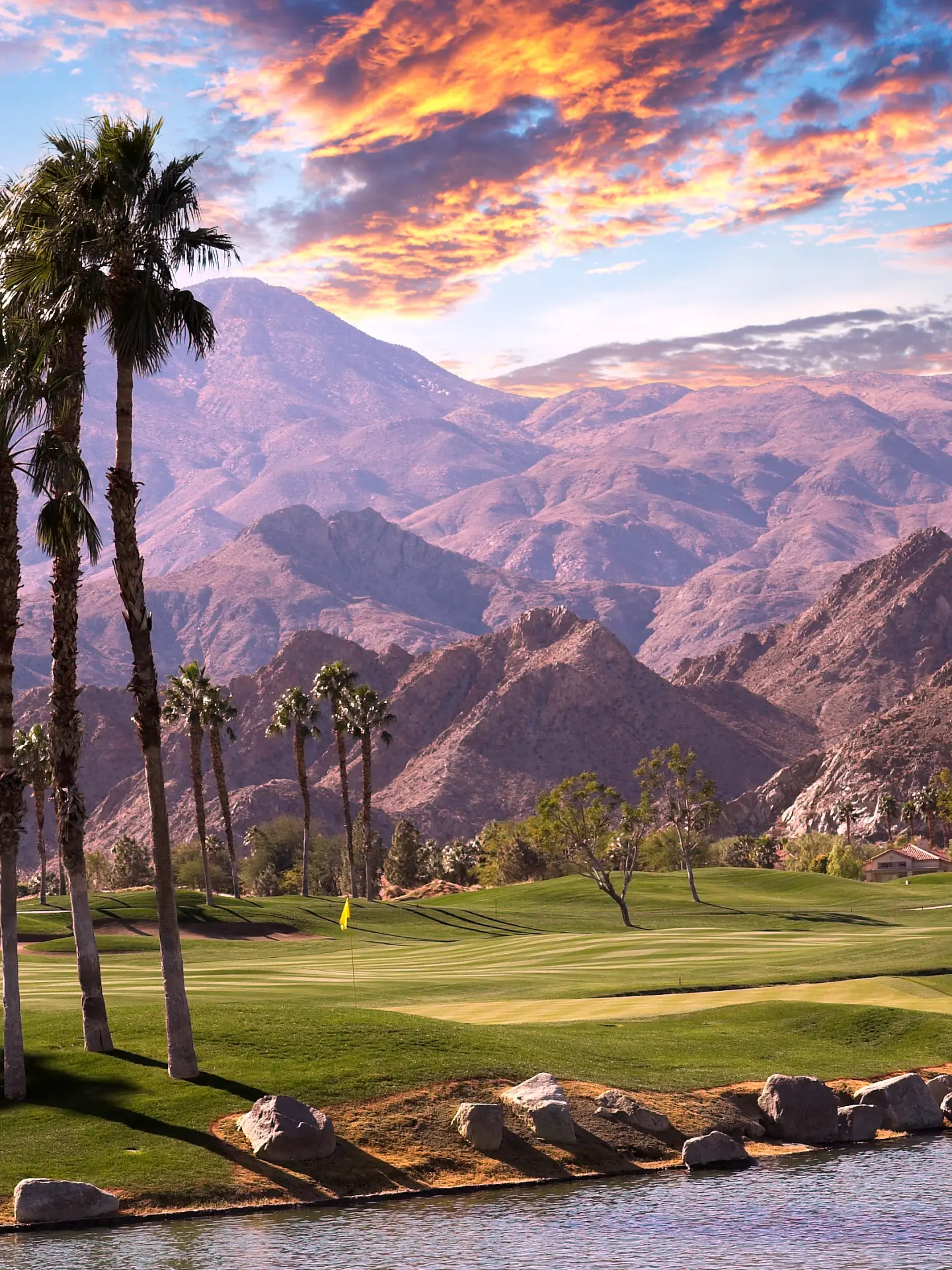 golf course at sunset in palm springs, california, usa