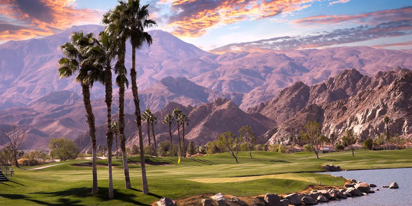 golf course at sunset in palm springs, california, usa