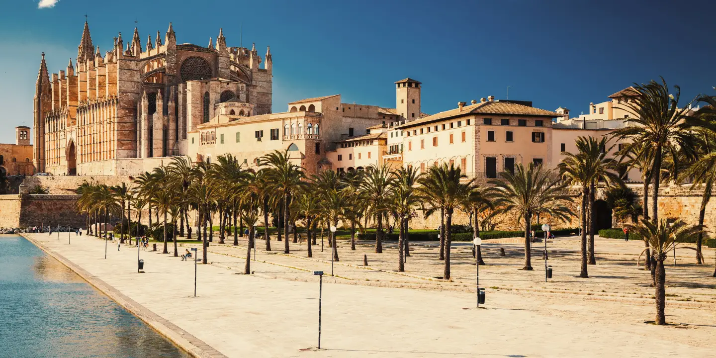 A view of Palma’s cathedral, La Seu, above the city walls, with a palm-lined avenue and the blue sea in the foreground.