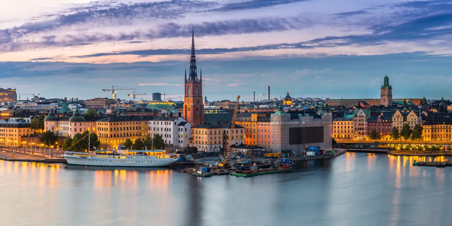 Scenic summer night panorama of the Old Town (Gamla Stan) architecture in Stockholm, Sweden
