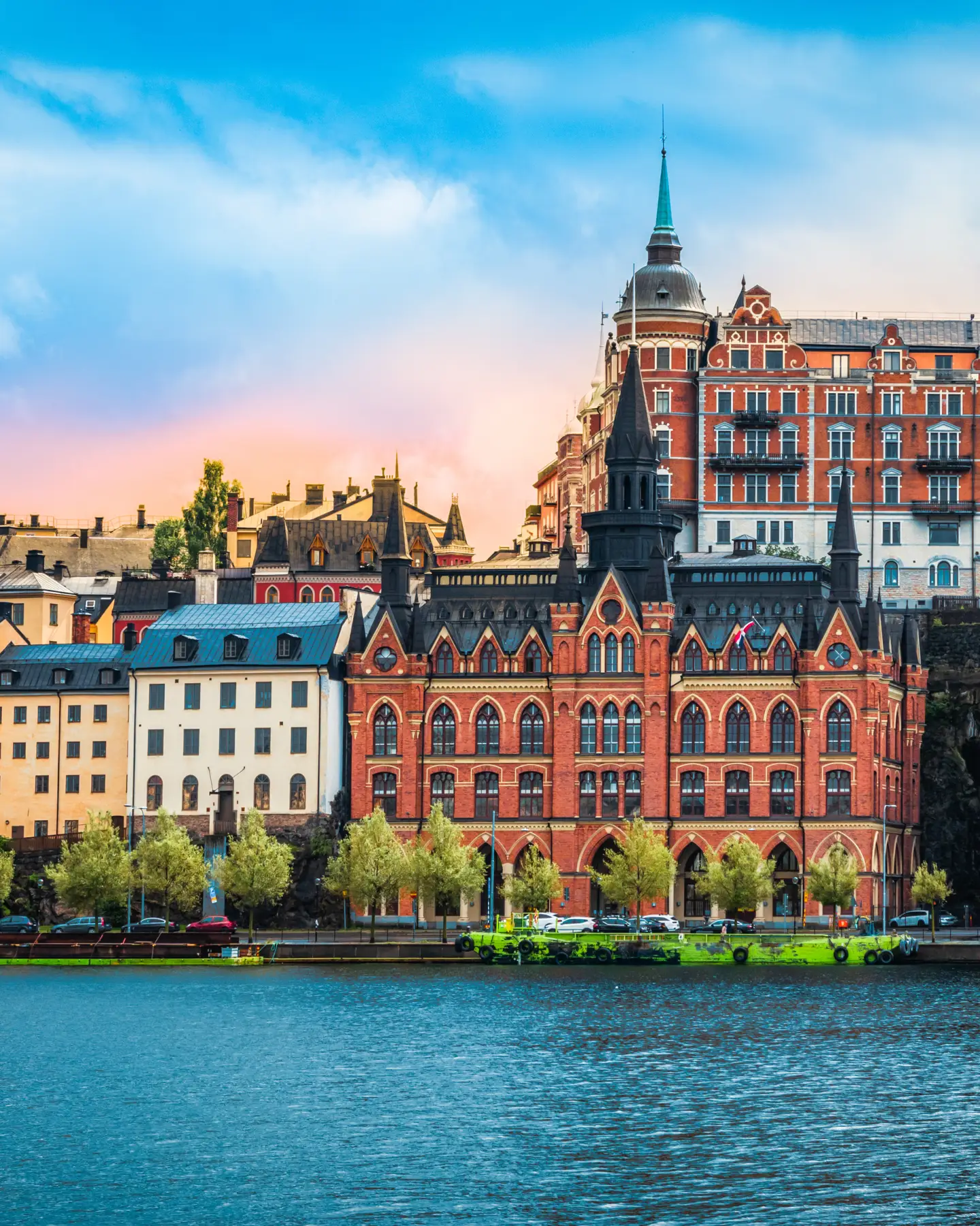 View of the Södermalm district of Stockholm on the riverbank.