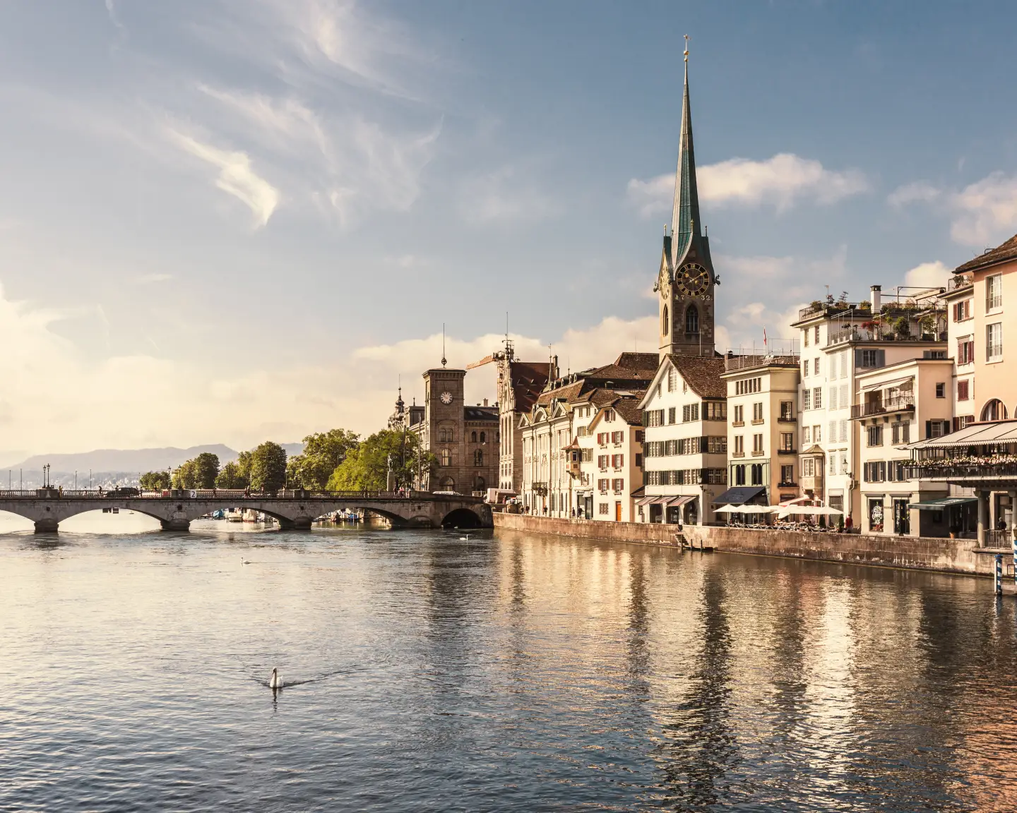 Zurich old town with the Limmat river flowing toward the Zurich lake in Switzerland