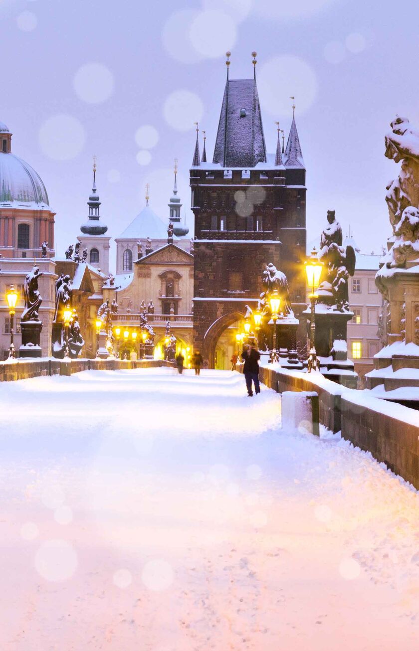 Snow covered Charles Bridge in Prague