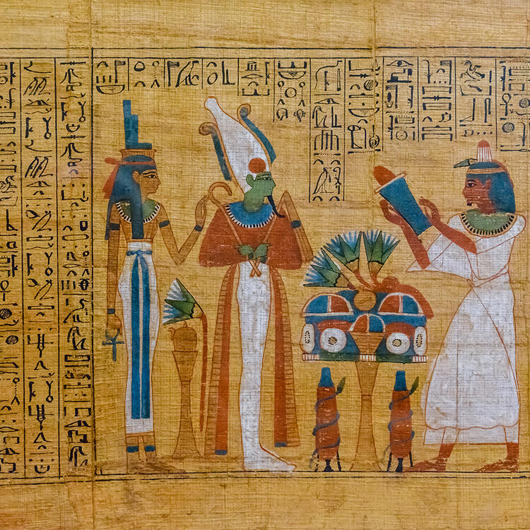 Old papyrus with drawings and hieroglyphics