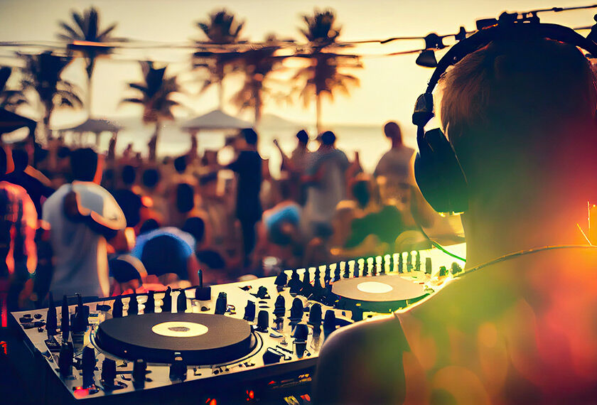  A DJ plays music at a sunset beach party, silhouetted against a backdrop of dancing people and palm trees.