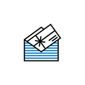 Vouchers and Discount codes An illustration: A blue and white striped envelope with a card sticking out of it