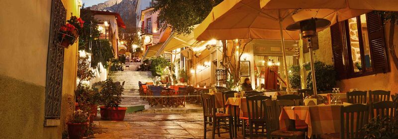 Athens (ATH) Night view of a street in the old town of Athens, with nice decoration and taverns