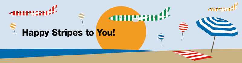 Match the Stripes Graphic: striped aeroplanes in the sky, beach with parasol