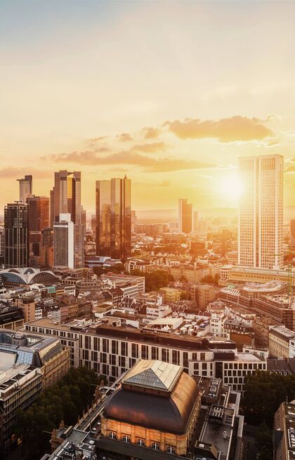 Sunrise with a view of the skyline of Frankfurt, in Germany