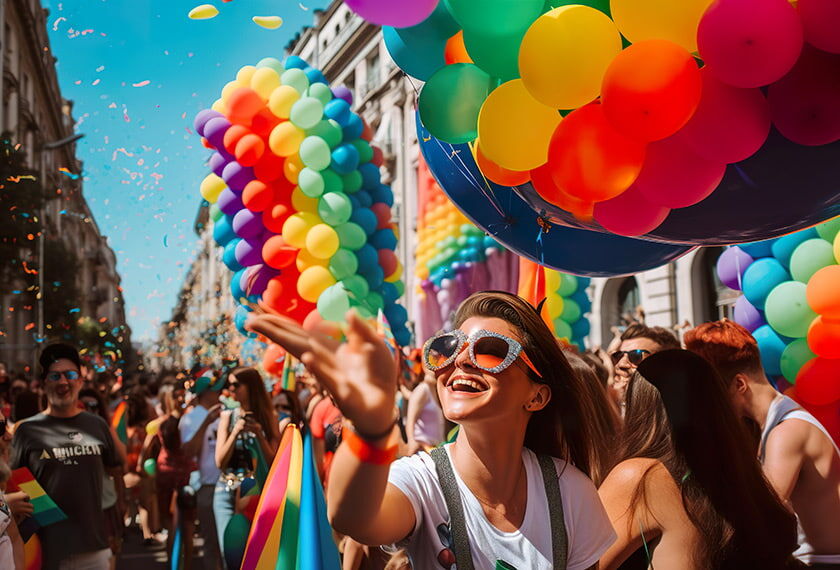 A woman celebrates the Pride parade in Madrid (Orgullo Madrid) with rainbow-colored balloons.