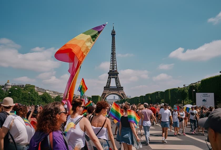 View of the Eiffel Tower and a rainbow flag during the Pride Parade in Paris.