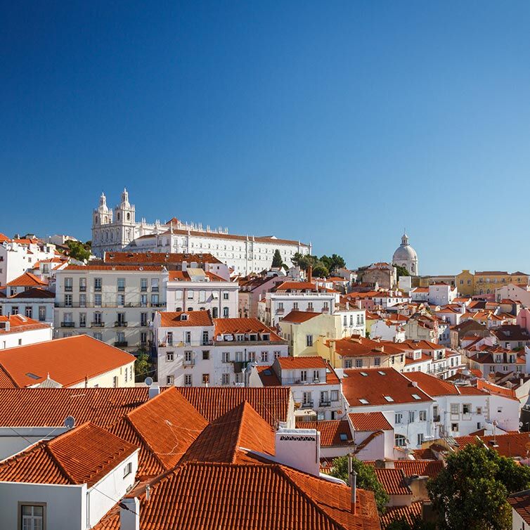 Panoramic view of Lisbon's terracotta rooftops, with historic white buildings, ornate churches, and a prominent dome under a clear blue sky.