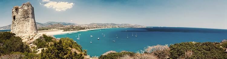 Panoramic view from Spiaggia di Porto Giunco beach, Sardinia - Italy
