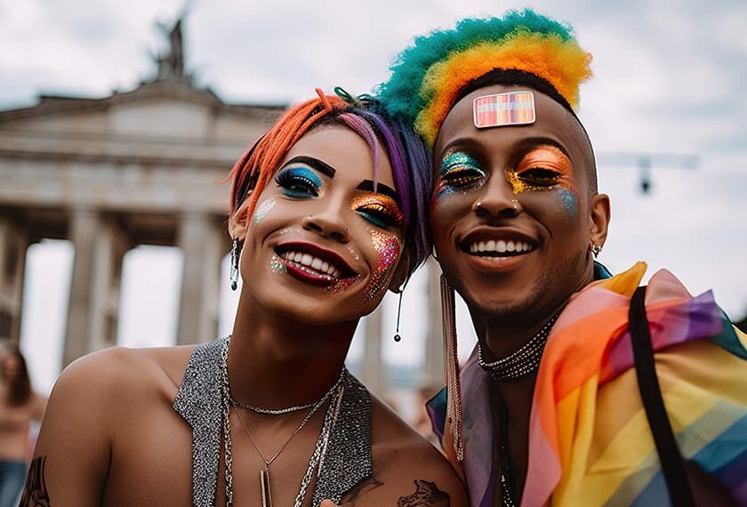 Two women in front of the Brandenburg Gate in Berlin enjoying the Pride Parade