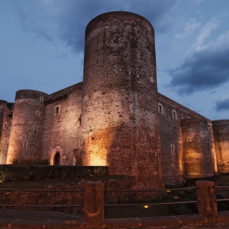 View of the Ursino Castle in Catania in Sicily, Italy at night