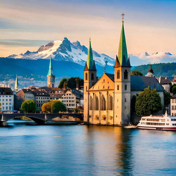 Scenic view of Zurich with the iconic twin-towered church by the lake, surrounded by historical buildings, with majestic snow-capped mountains in the background during golden hour