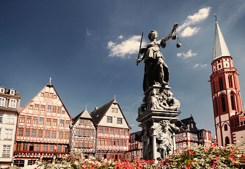 View of the Römerplatz in Frankfurt on a summer day