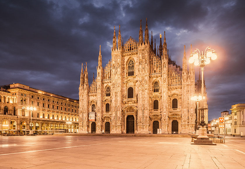 Flights to Milan View of the Milan Cathedral at night