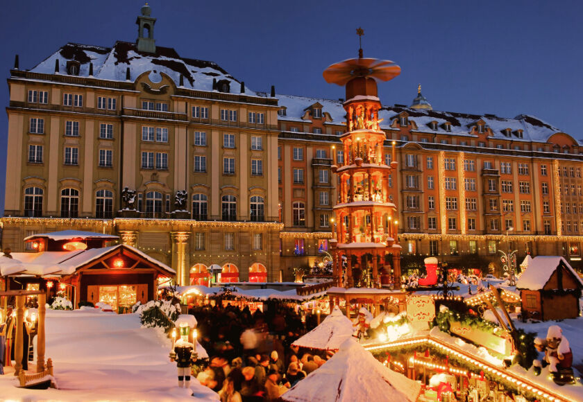 Dresden Christmas Market Snow-covered stalls and a festive atmosphere at Dresden's famous Christmas market