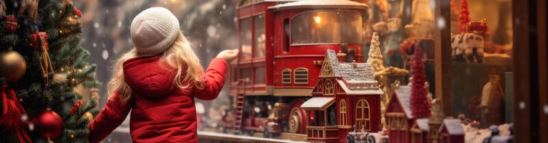 Young girl looking at the wooden toys in a Christmas Market in Europe