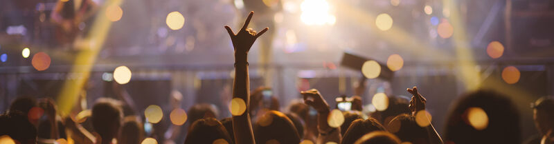 Crowd celebrating under radiant lights at a music event.