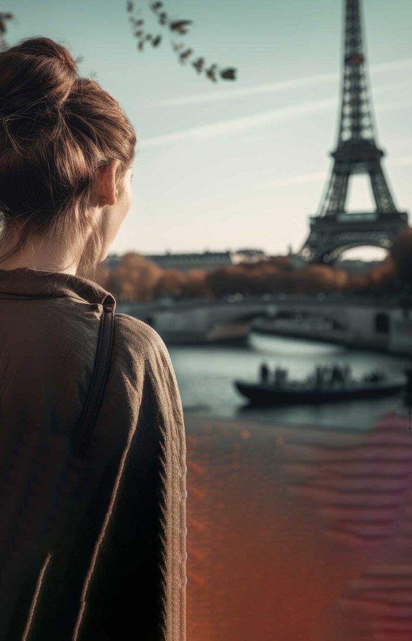 A woman is looking at the Eiffel Tower while the camera is facing her from behind