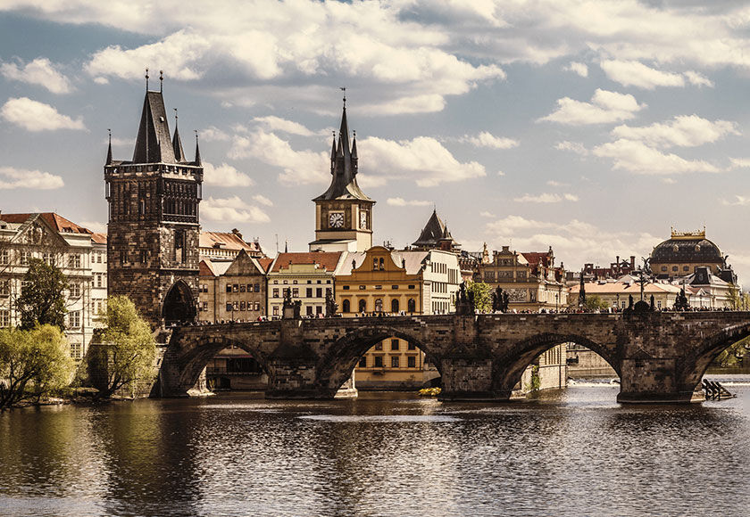 View of the Charles Bridge in Prague from the river