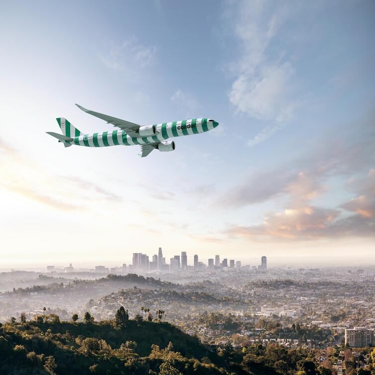 View of a Condor Airbus A330neo with green stripes in the air