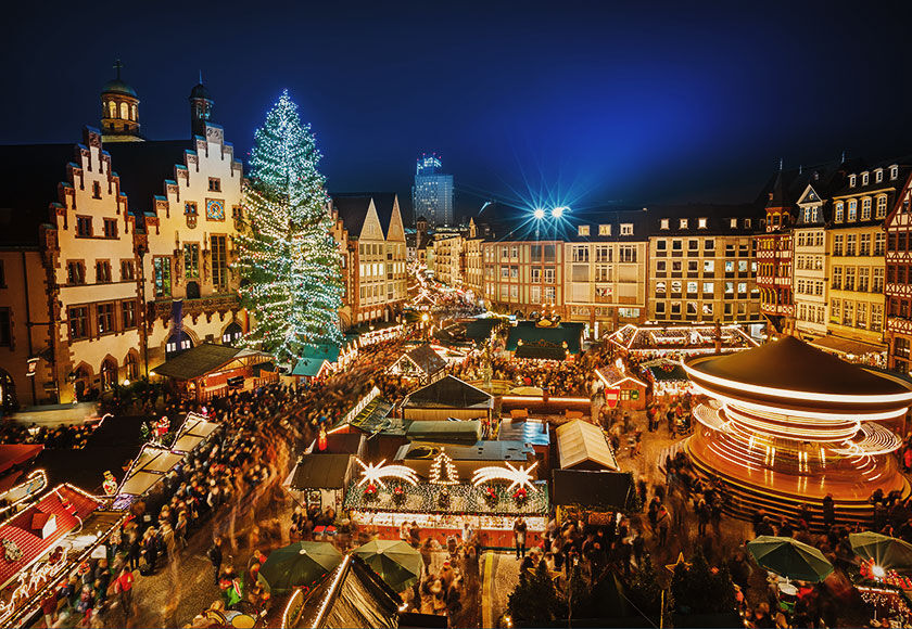 Night view of the Römerplatz square in Christmas in Frankfurt, Germany