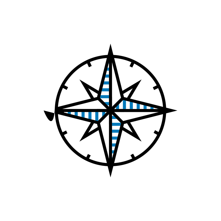 A blue and white illustration of an old fashioned compass