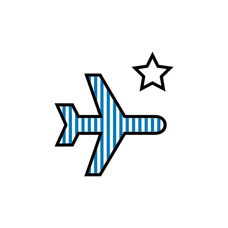An illustration of a blue and white striped plane with a star on top