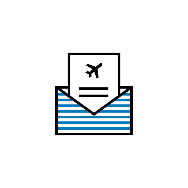 An illustration of a blue and white striped envelope with a card looking out of it which has a plane printed on it