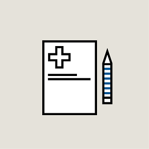 Illustration of a piece of paper with medical Cross and a pencil on the right side.
